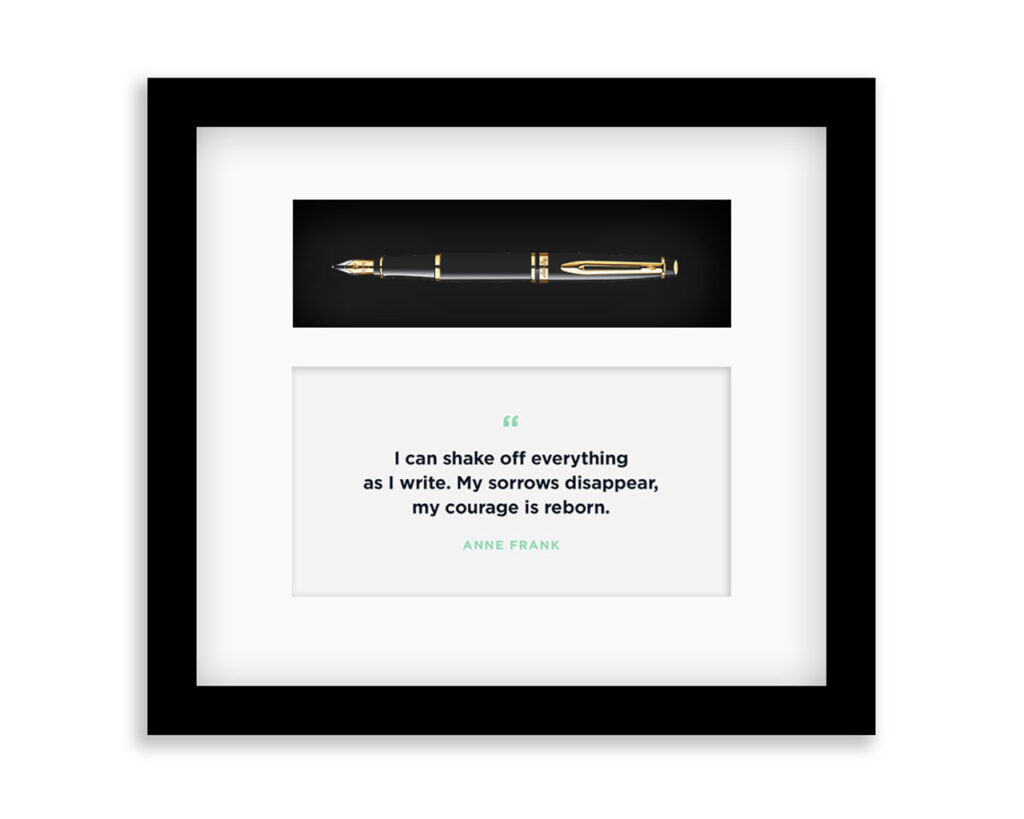 Pen and Message on a shadowbox frame.